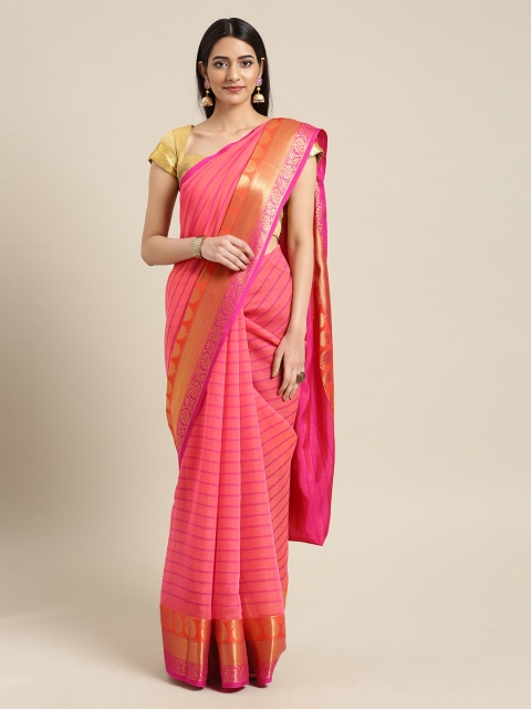 

Mitera Peach-Coloured & Pink Polycotton Striped Chanderi Saree