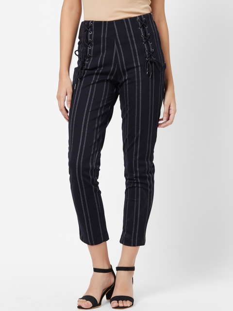 

Soie Women Navy Blue Slim Fit Self Design Cigarette Trousers