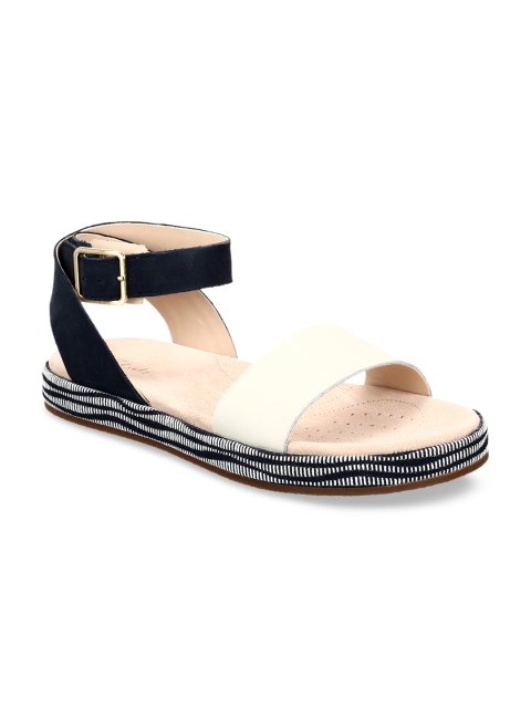 

Clarks Women Navy Blue & Off-White Colourblocked Leather Open Toe Flats