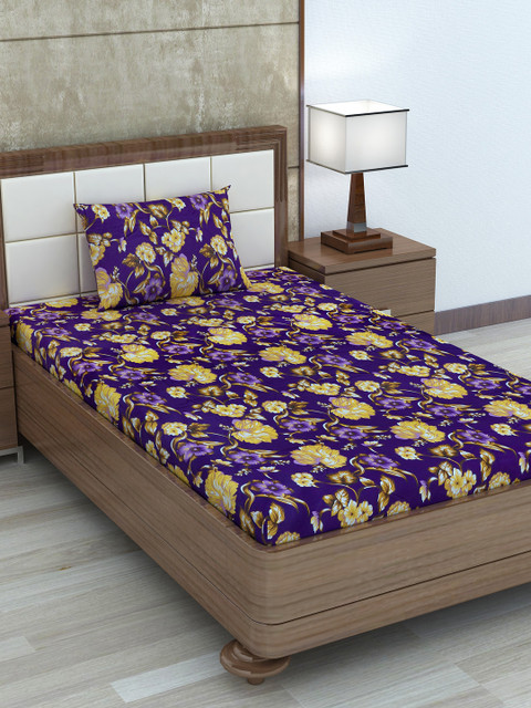

Divine Casa Purple & Yellow Floral 180 TC Cotton 1 Single Bedsheet with 1 Pillow Covers