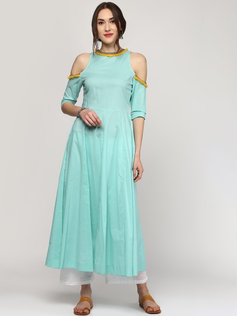 

SASSAFRAS Women Turquoise Blue Woven Design A-Line Kurta