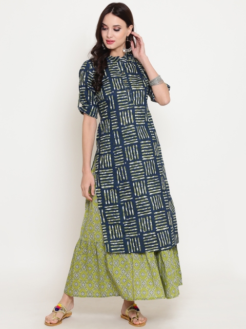 

Sera Women Green & Green Striped Kurta with Skirt