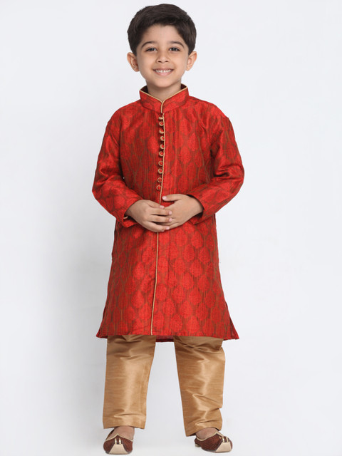 

VASTRAMAY Boys Red & Gold-Toned Self Design Kurta with Churidar