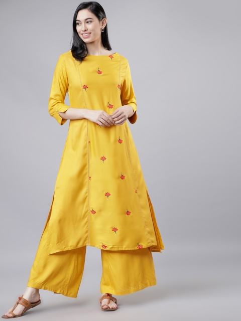 

Vishudh Women Mustard Embroidered Kurta with Palazzos