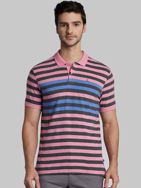 

Parx Men Pink & Blue Striped Polo Collar T-shirt