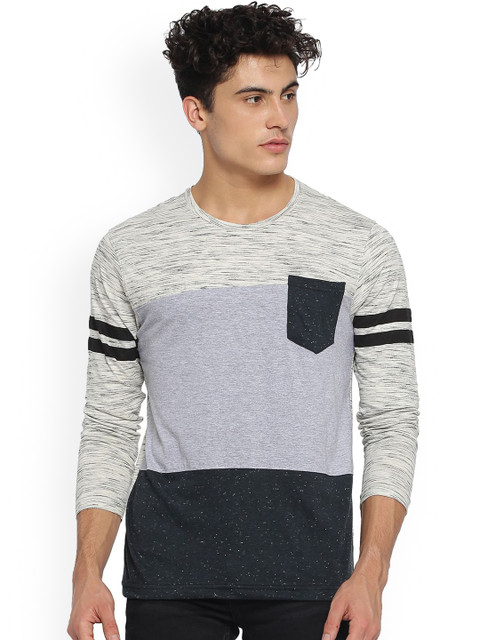 

Campus Sutra Men Grey & Blue Colourblocked Round Neck T-shirt
