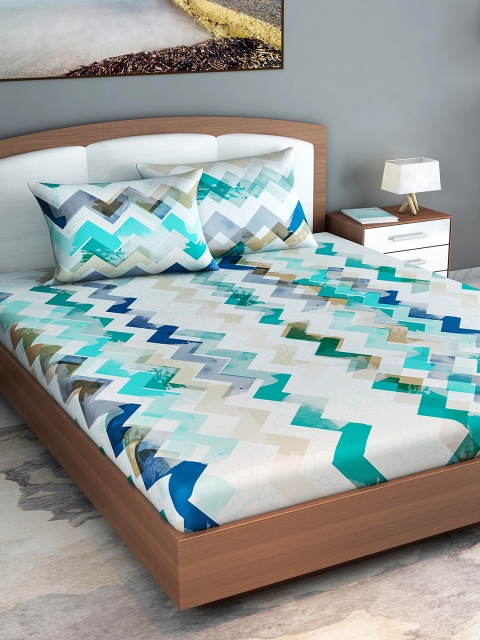 

Divine Casa Turquoise Blue & White Geometric 210 TC Cotton 1 King Bedsheet with 2 Pillow Covers