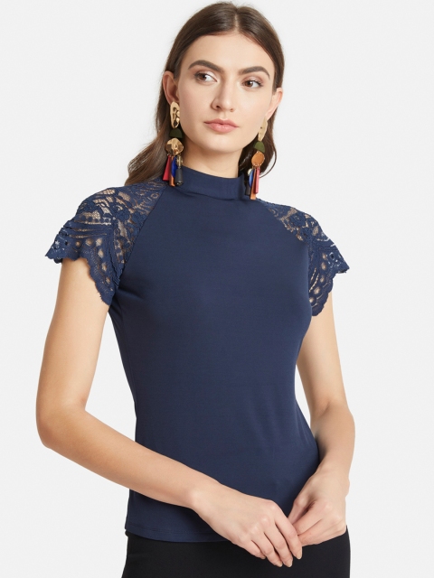 

Kazo Women Navy Blue Self Design High Neck T-shirt