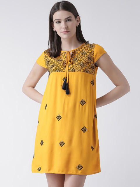 

The Vanca Women Mustard Yellow Embroidered A-Line Dress