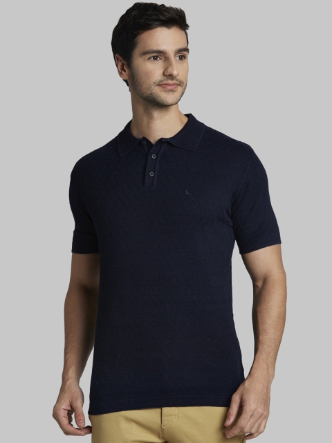 

Parx Men Blue Self Design Polo Collar T-shirt