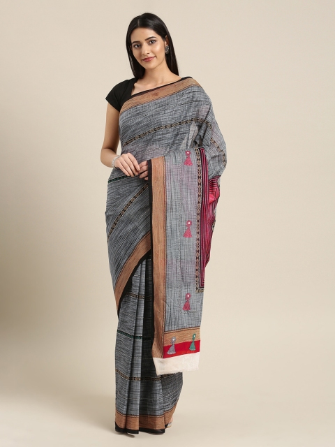 

Ishin Pink & Grey Pure Cotton Striped Saree