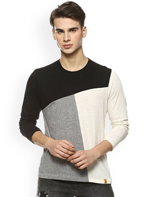 

Campus Sutra Men Grey & Black Colourblocked Round Neck T-shirt