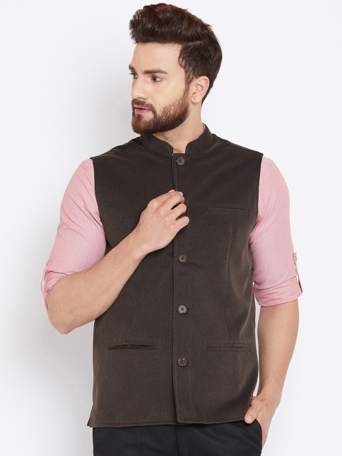 

even Men Brown Solid Woven Nehru Jacket