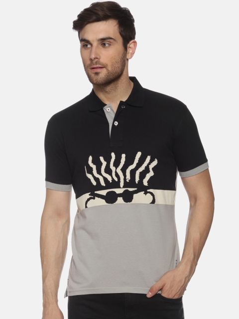 

FIDO DIDO Men Grey Black Printed Colourblocked Polo Collar Pure Cotton T-shirt