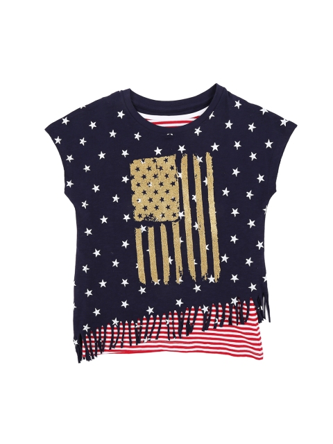 

Pantaloons Junior Girls Navy Blue Printed Round Neck Layered Pure Cotton T-shirt