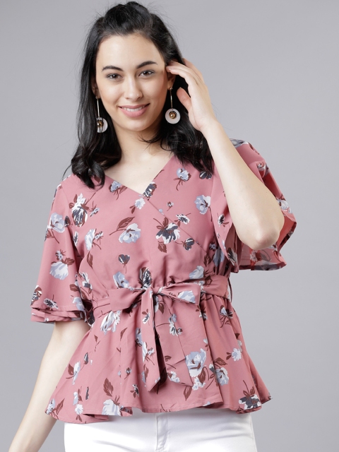 

Tokyo Talkies Women Pink Floral Print Cinched Waist Top