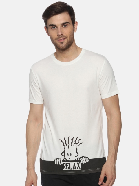 

FIDO DIDO Men White Printed Round Neck Pure Cotton T-shirt