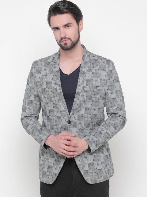SHOWOFF Men Grey Printed Single-Breasted Blazer