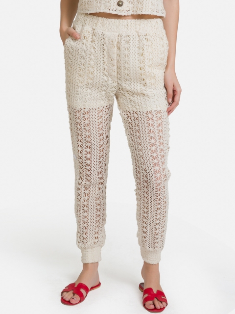 

Kazo Women Cream-Coloured Regular Fit Self Design Joggers