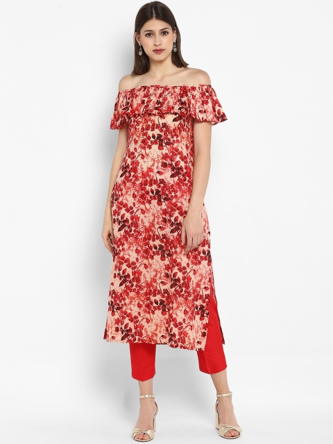 

MBE Women Red Floral Printed Off-Shoulder Straight Kurta