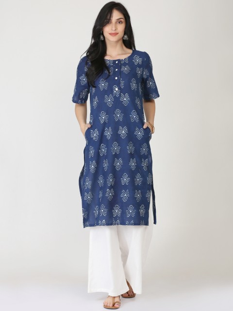 

Abhishti Women Navy Blue Printed Straight Kurta