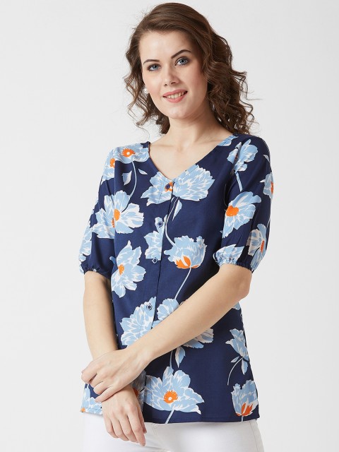 

U&F Women Blue Printed Shirt Style Top