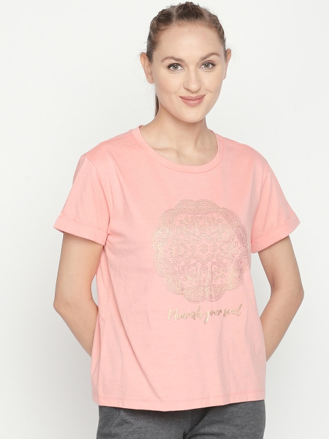 

Ajile by Pantaloons Women Pink Printed Round Neck Pure Cotton T-shirt
