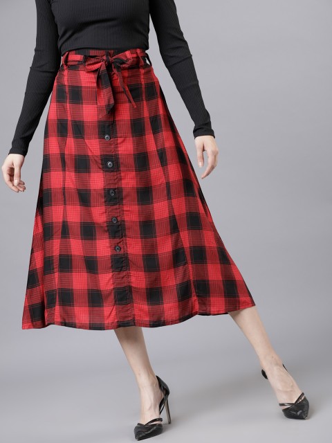 Tokyo Talkies Women Black & Red Checked A-Line Midi Skirt