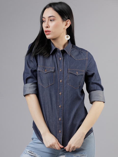 Women Navy Blue Slim Fit Solid Casual Shirt