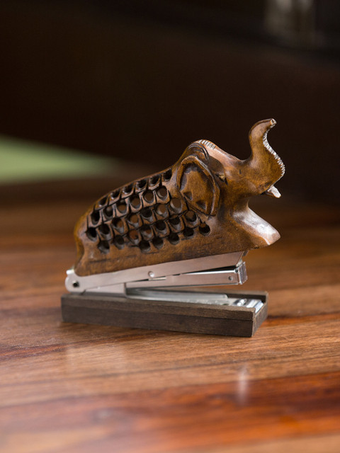 

The Victorious Elephant' Hand Carved & Hand Painted Stapler Cum Showpiece In Cedar Wood, Brown