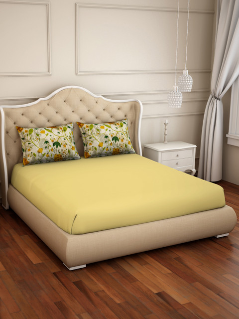 

SPACES Yellow Floral 210 TC Cotton 1 King Bedsheet with 2 Pillow Covers