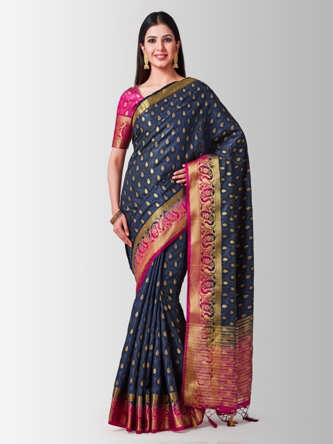 

MIMOSA Navy Blue & Red Art Silk Woven Design Kanjeevaram Saree