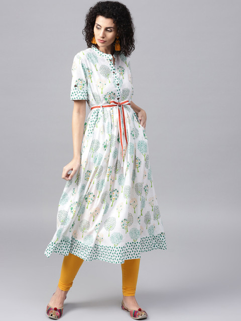 

Tulsattva Women White & Blue Tree Printed A-Line Kurta