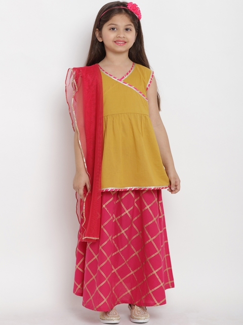 

Bitiya by Bhama Girls Mustard Yellow & Red Solid Kurta with Skirt & Dupatta