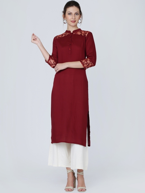 

Ojjasvi Women Maroon Embroidered Straight Kurta