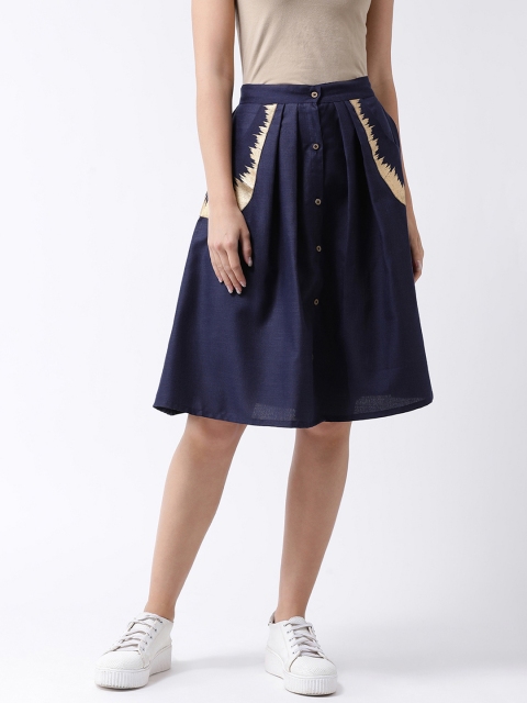 

pinwheel Women Navy Blue A-Line Knee-Length Pleated Pure Cotton Skirt