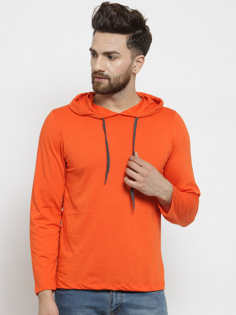 

Kalt Men Orange Solid Hood T-shirt