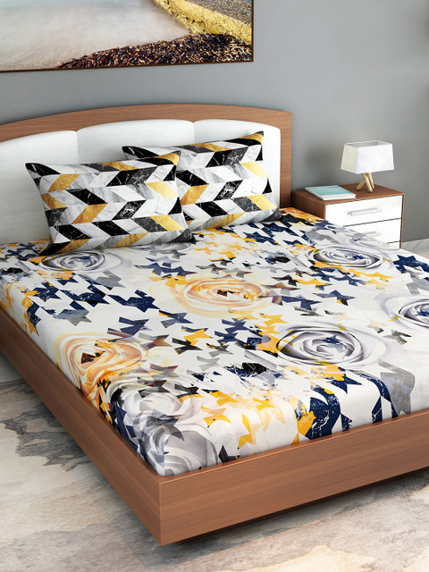 

Divine Casa Yellow & Black Floral 210 TC Cotton 1 King Bedsheet with 2 Pillow Covers