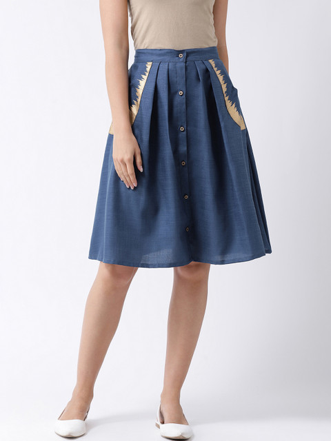 

pinwheel Women Blue A-Line Knee-Length Pleated Pure Cotton Skirt