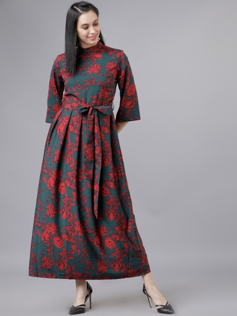 Women Teal & Red Floral Print Maxi Dress