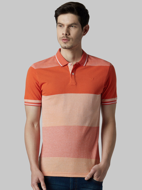 

Park Avenue Men Orange Striped Polo Collar T-shirt