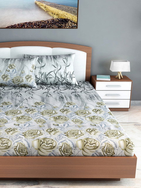 

Divine Casa Grey & Yellow Floral 210 TC Cotton 1 King Bedsheet with 2 Pillow Covers