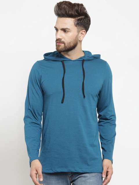 

Kalt Men Teal Blue Solid Hood T-shirt