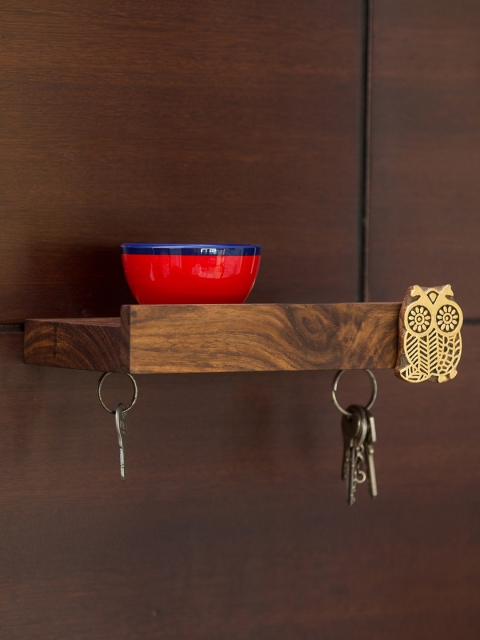 

ExclusiveLane Dark Brown Handmade Sheesham Wood Block Shelf With Magnetic Key Holder