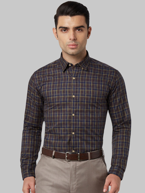 

Park Avenue Men Brown & Navy Blue Slim Fit Checked Formal Shirt