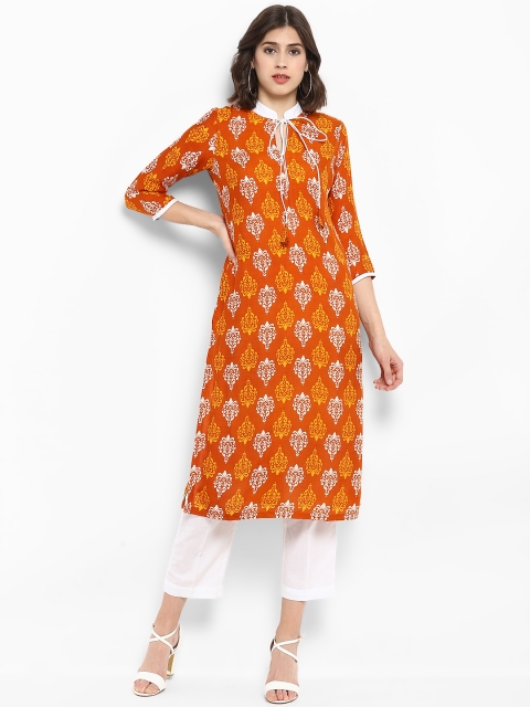 

MBE Women Orange Printed Straight Kurta