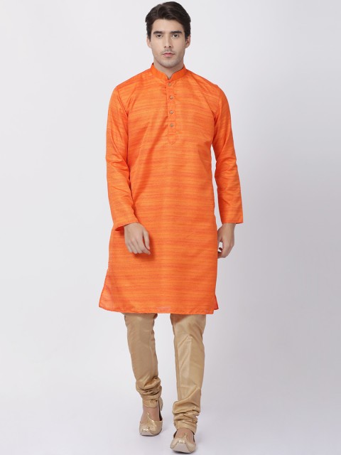 

VASTRAMAY Men Orange & Beige Striped Kurta with Pyjamas