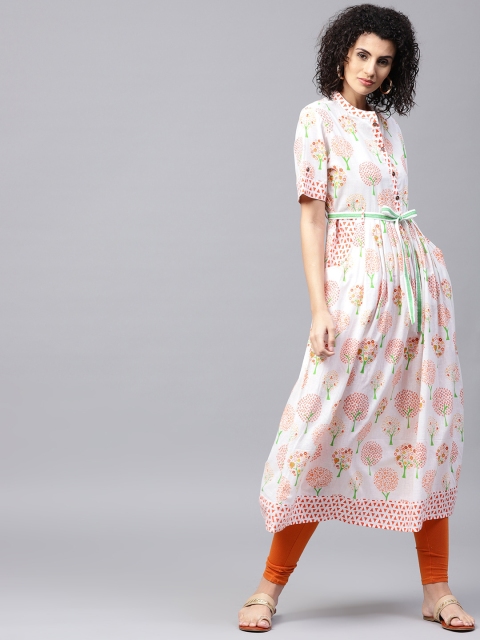 

Tulsattva Women White & Orange Quirky Printed A-Line Kurta