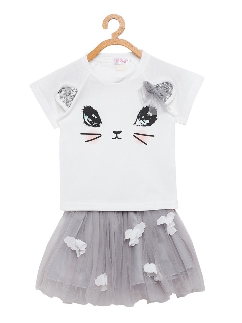 

Camey Girls White & Grey Printed Top with Skirt