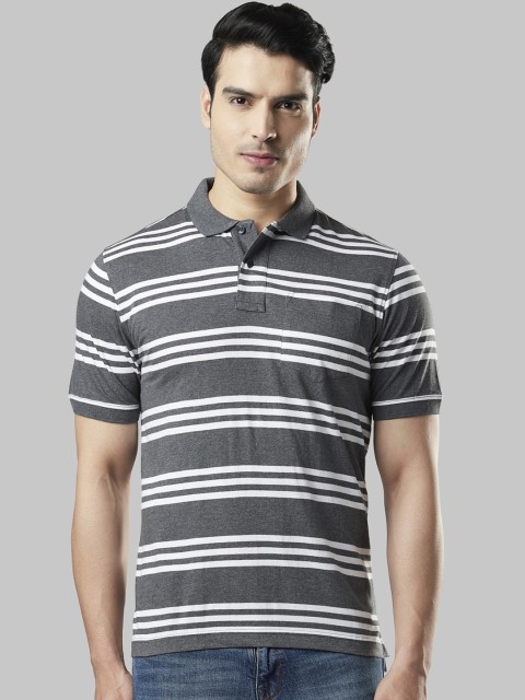 

Next Look Men Grey & White Striped Polo Collar T-shirt